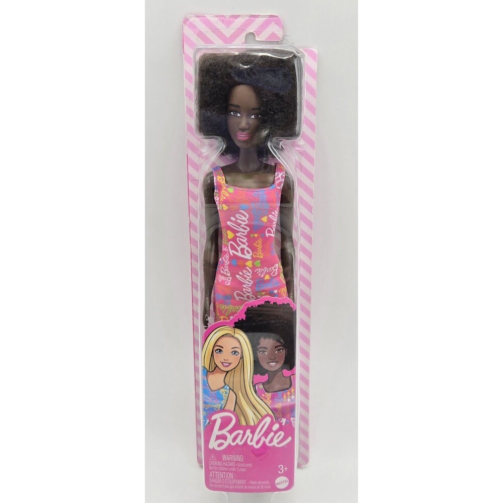 Barbie African American Doll Natural Hair Pink Logo Dress New